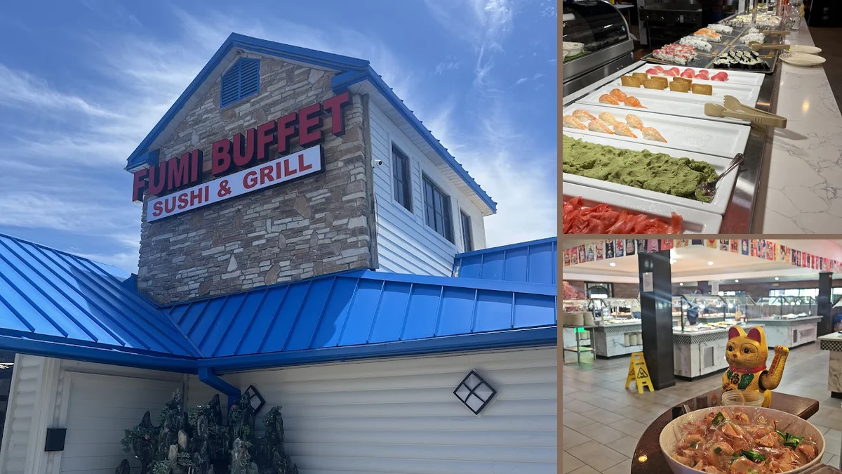Buffet trays with sushi and grilled dishes