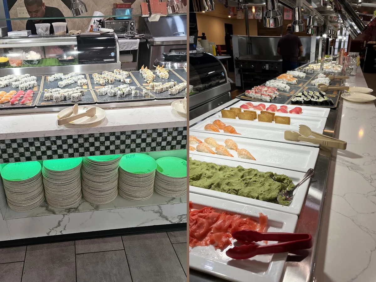 Grill and sushi items arranged for serving